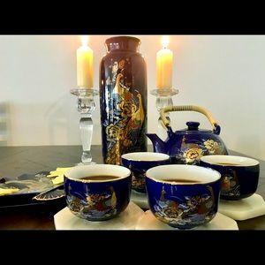 Antique Asian Peacock porcelain Royal Blue & Gold complete Tea set.🫖🍵🦚💙💛